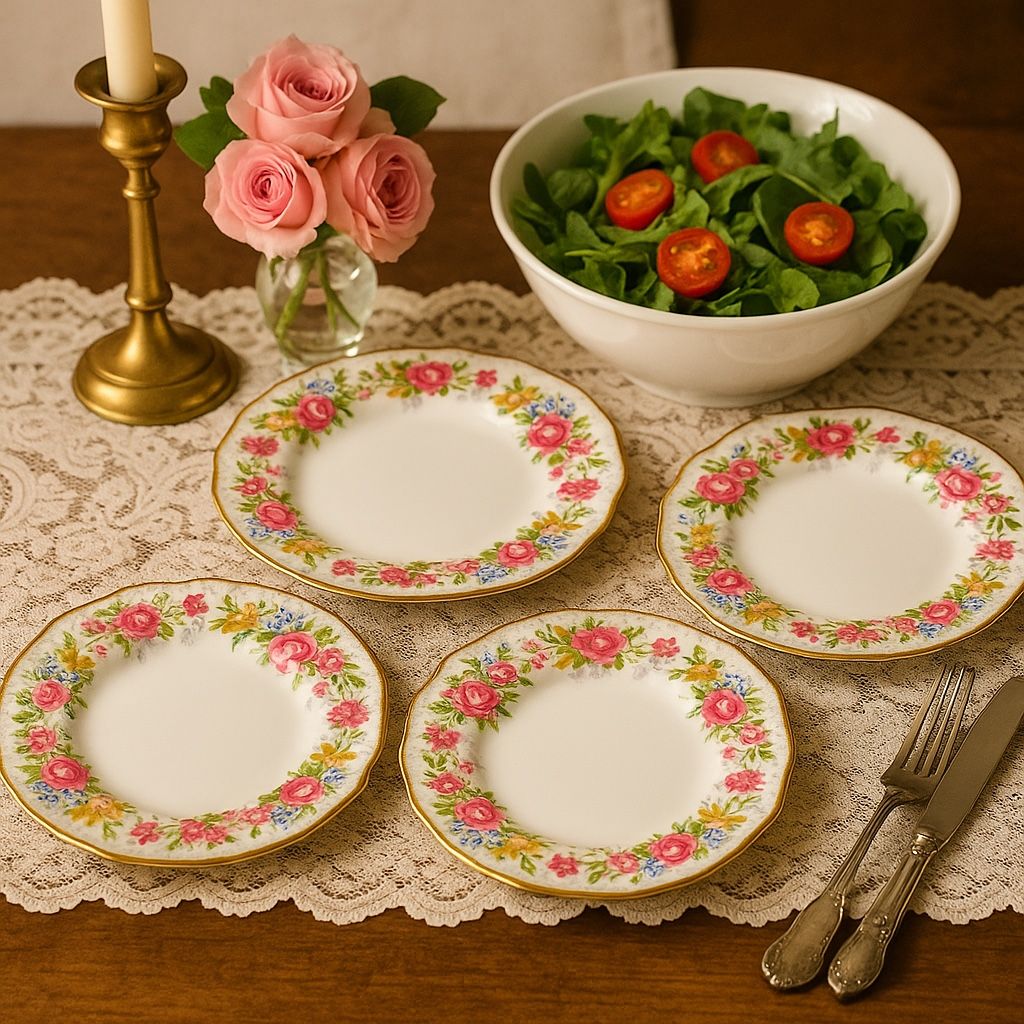 Royal Darwood England 1950s ‘Lynne’ Floral Bone China Salad Plates Set Of 4, 8”