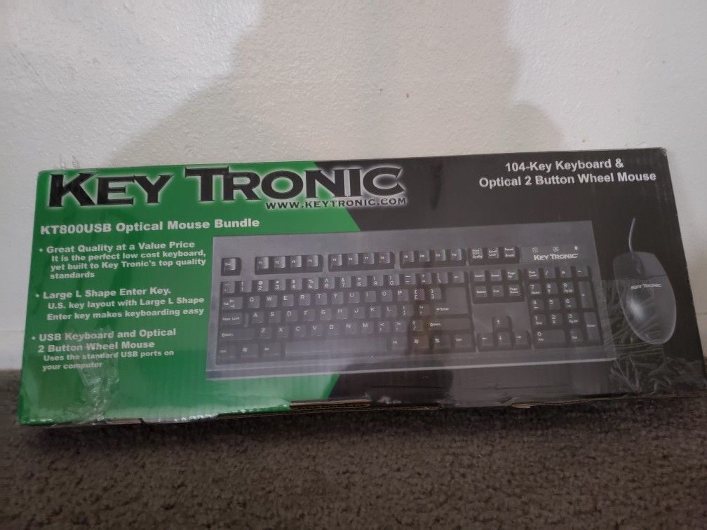 KEY TRONIC .104- KEY KEYBOARD & OPTICAL 2 BUTTON WHEEL MOUSE. NEW IN BOX.