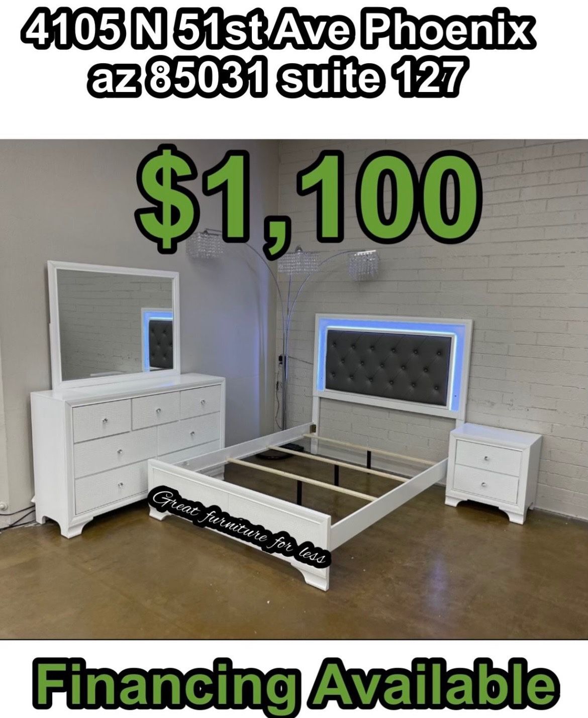 Queen Size LED Bedroom Set Include Bed Frame Dresser Mirror And Nightstand Brand New