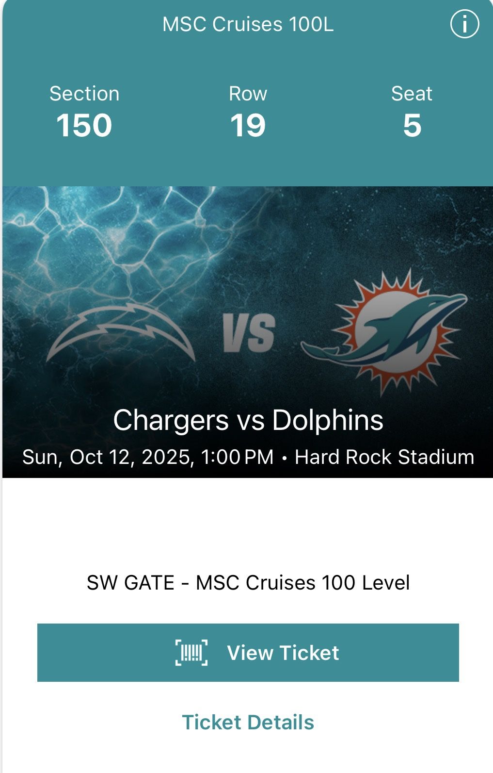Dolphins Vs Chargers Tickets - Section 150 Row 19 Seat 4-5