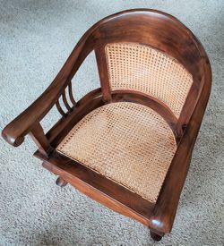 Vintage Woven Cane Teak Wood Barrel Club Ornate Polished Chair Mid Century MCM