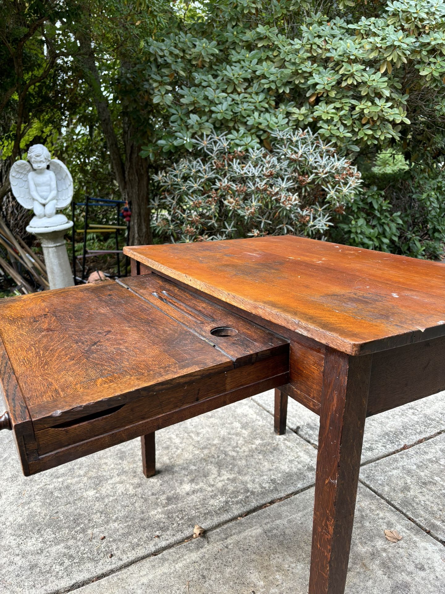 Antique Mission Oak Table W/ Pullout Desk W/ Inkwell Holder