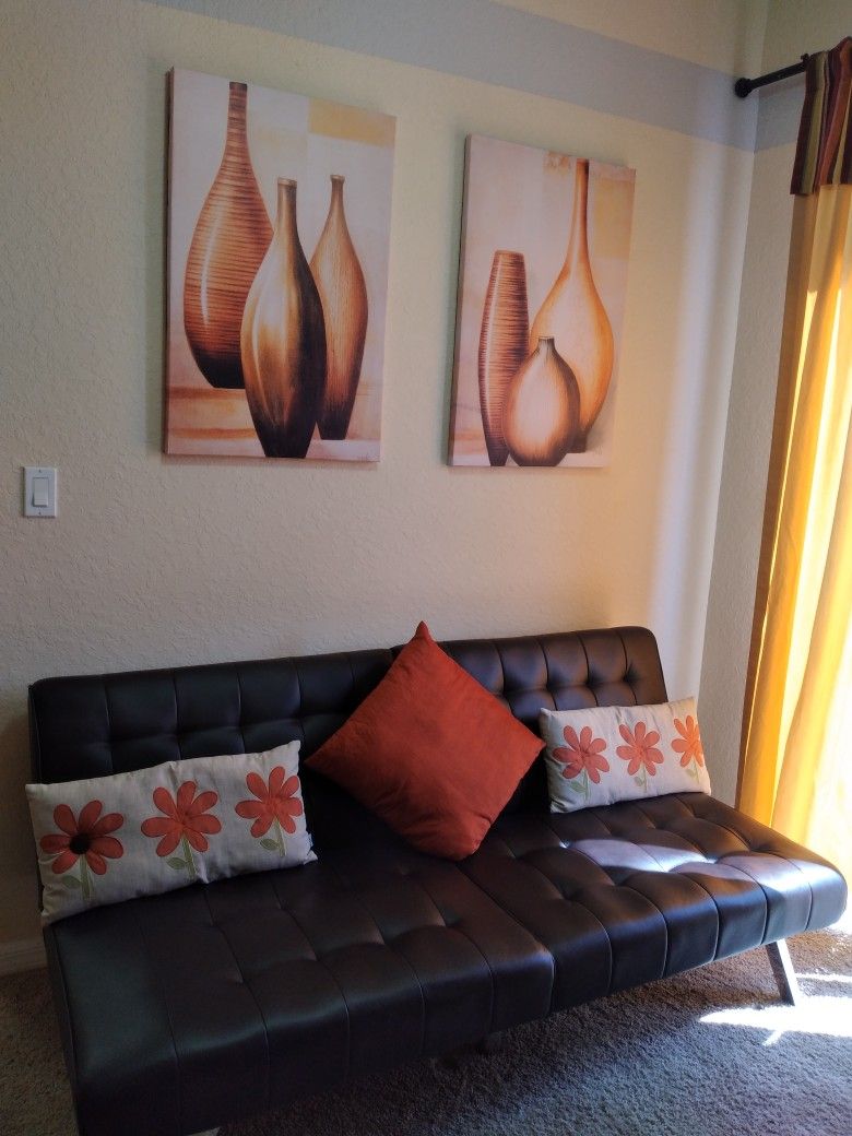 2 Wall Art and 3 Decorative Throw Pillows