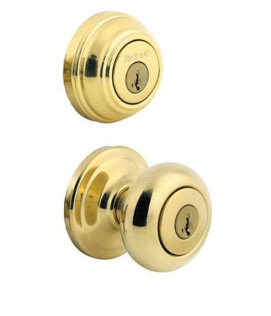 Kwikset Juno Keyed Entry Door Knob and Single Cylinder Deadbolt Combo Pack with Microban Antimicrobial Protection, Smartkey, Polished Brass, New Open