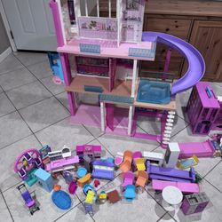 Used Barbie Dream House W/ Dolls, Clothes, Accessories 