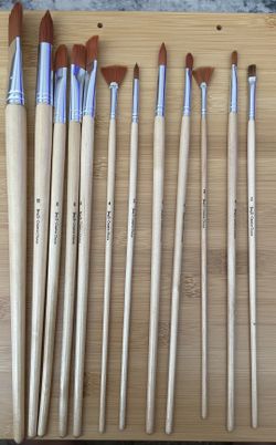 Jerry Q Creative Choice Long Handle Paint Brushes - Set of 12, Brown Synthetic Hair