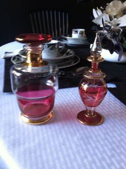 Vintage blasted decanter and perfume bottle