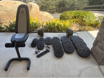 Weights, bars, bench, clips