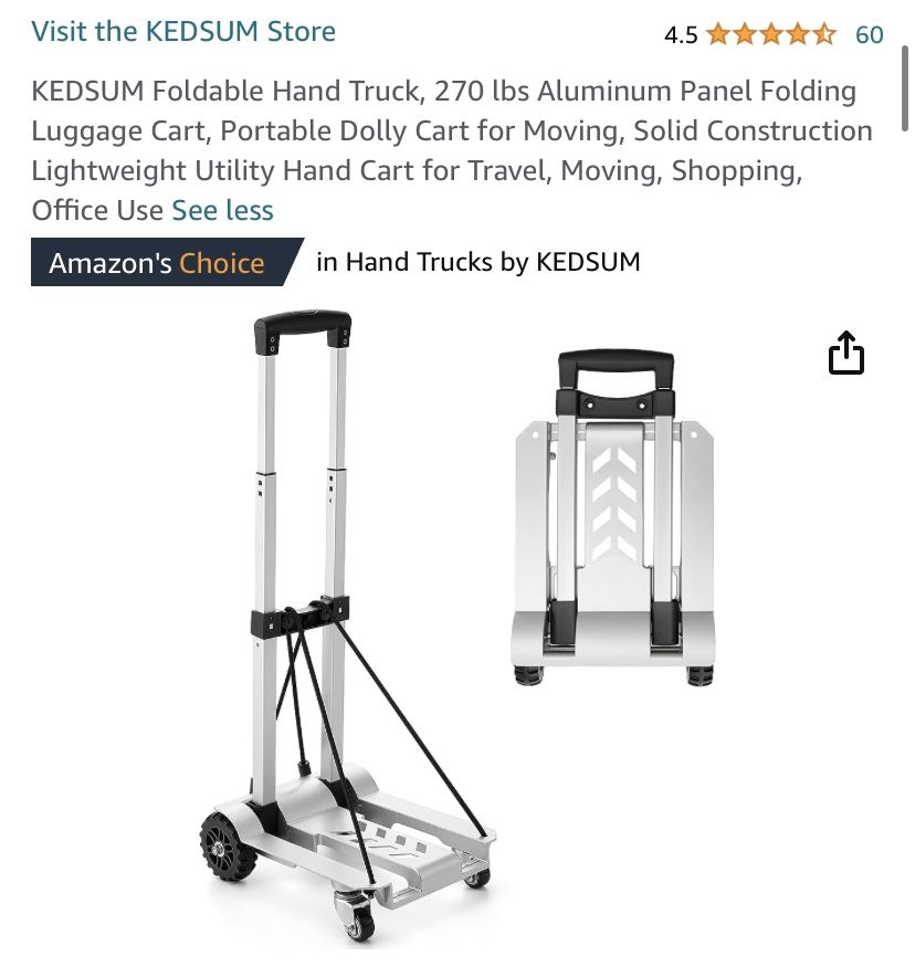 KEDSUM Foldable Hand Truck, 270 lbs Aluminum Panel Folding Luggage Cart, Portable Dolly Cart for Moving, Solid Construction Lightweight Utility Hand C
