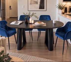 Dining set, oval dining table and 6 blue dining chairs  new in box