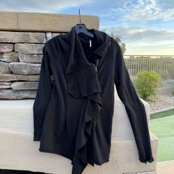 Free People Black Sweatshirt Jacket Asymmetrical Ruffle Zip Front Black French Terry women size medium 