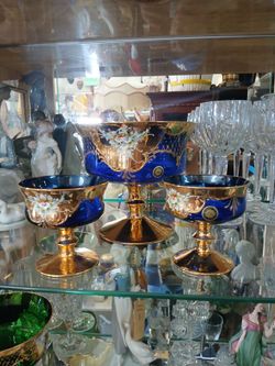 ITALY MURANO GILT COBALT GLASS DESSERT SERVICE 24k gold paint