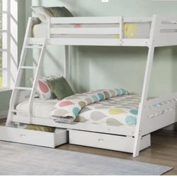  White/Grey twin/full bunk bed with drawers. Bunk bed only-$299. With mattresses-$525.Assembly required. Assembly not included. Free delivery. 