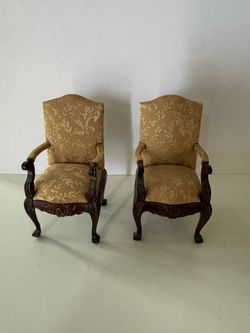 Vintage Dollhouse Miniature Victorian Armchairs – Gold Upholstery – Pair