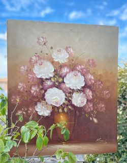 Large Vintage Oil Painting on Canvas Still Life Flowers Floral  Signed 