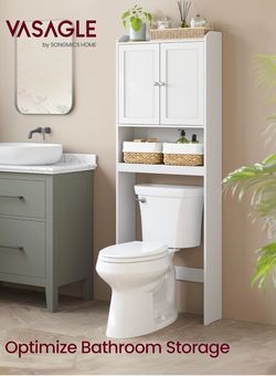 Over the Toilet Storage Cabinet, Bathroom Storage Cabinet with Doors, Adjustable Shelves, Space-Saving, Modern, 7.9 x 24.6 x 70 Inches, Cloud White UB