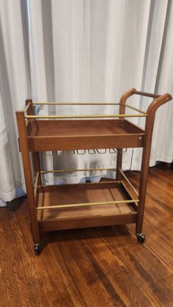 Mid-Century Style Wooden Bar Cart with Wheels & Stemware Rack