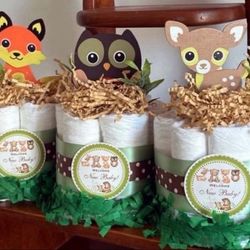3 WOODLAND CREATURES baby shower diaper cakes
