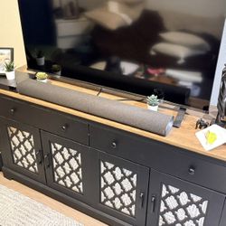 Farmhouse TV Stand for Television Up to 75 Inches 4 Mirror Doors Entertainment Center with Storage & 2 Drawers Rustic TV Consoles 