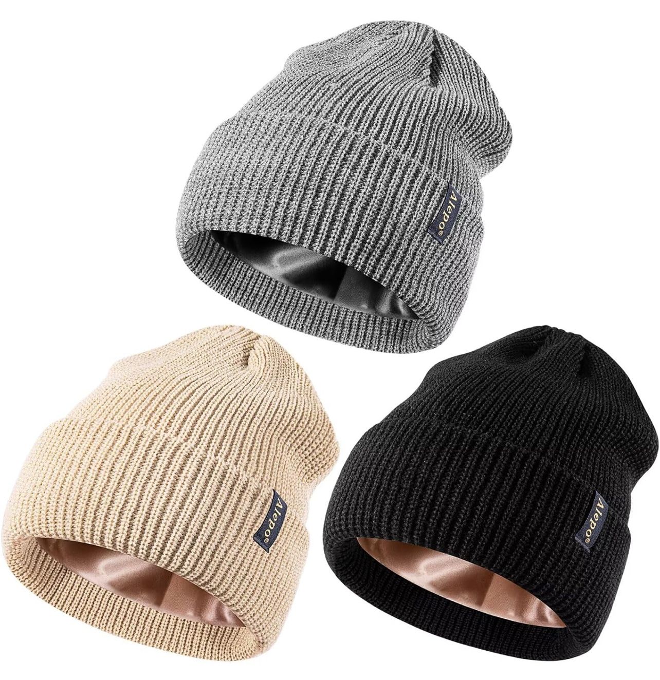 3 Pack Satin Lined Beanie for Women Men, Silk Lined Winter Hats for Cold Weather, Warm Cable Knit Skull Cap Cuffed Beanies