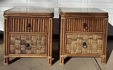 Rattan Wicker Tempered Glass Top Nightstands 24” w x 26 1/2” H x 18” d