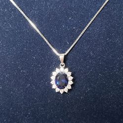 Blue & White Sapphire Halo Necklace