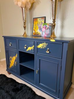 STUNNING Refinished Wood Buffet with 23k Gold Accents