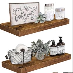 QEEIG Bathroom Shelves 24 inches Long Floating Shelf for Wall 24 x 9 inch Set of 2, Rustic Brown (008-60BN)