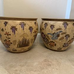 Pair Of Chinese Satsuma, 20 Inch Fishbowl Planters