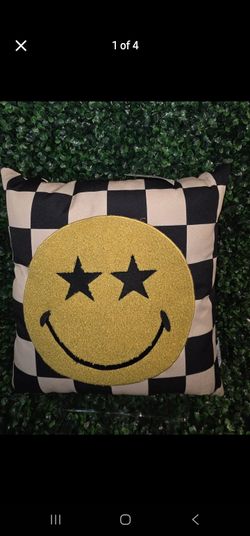 Yellow Smiley Face With Checkered Design Pillow