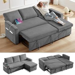 81" Sectional Sleeper Sofa Bed with Pull Out Bed, L Shaped Couch Pull Out Couch with Reclining Backrest, Reversible Storage Chaise, USB Ports, Tool-Fr
