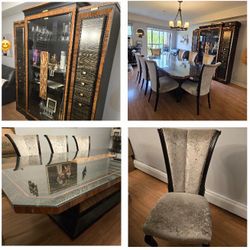 Italian crushed velvet dining room set table 8 chairs and curio