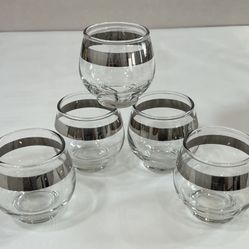 Set of 5 ~ Vintage 1960s Libbey Martini Glasses Barware ~ "Roly-Poly" Martini Cocktail Glasses Silver Band