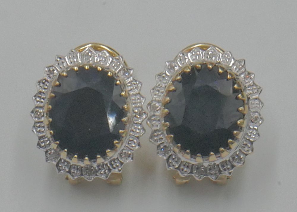 10kt yellow gold earrings with oval blue stone 16 diamonds total 7.9 grams 834199-2 