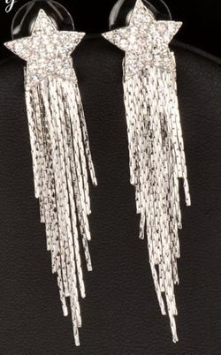 WHITE GOLD PLATED LONG STAR TASSEL CRYSTAL EARRINGS