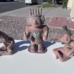 Vintage Aztec God Of Maize Corn Warrior Statue, 2 Drummer Statues, Handmade Terracotta Sculpture