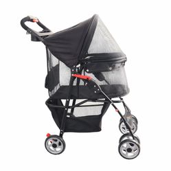 Full-Window Pet Stroller 4 Wheels for Cats & Dogs, with Storage Basket