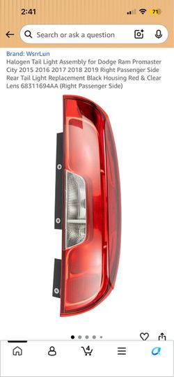Halogen Tail Light Assembly for Dodge Ram Promaster City 2015 2016 2017 2018 2019 Right Passenger Side Rear Tail Light Replacement Black Housing Red &