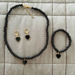 New Black Bead Necklace Earrings & Bracelet Heart Set