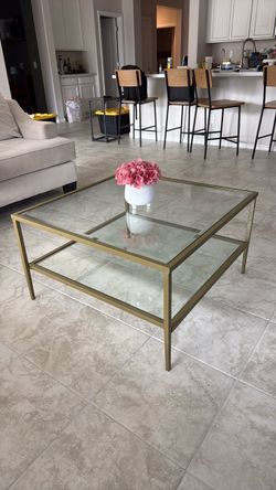 Gold Metal and Glass Two-Tier Coffee Table