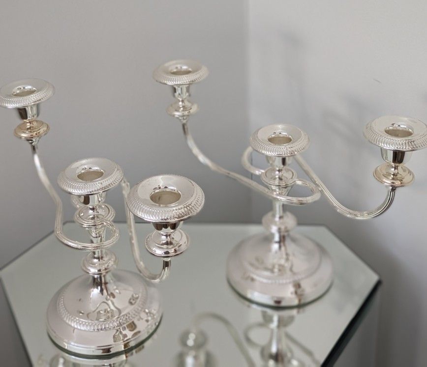 2 Vintage Silver Metal Candelabra Three Candle Holders In Excellent Condition ( Each Candle Holder $30