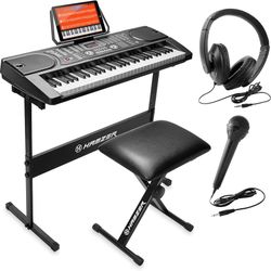 Hamzer 61-Key Portable Electronic Piano Keyboard with Music Stand, Stool, Headphones, and Microphone $60
