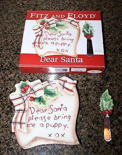 FITZ & FLOYD DEAR SANTA Bring A Puppy Christmas Snack Plate & Spreader