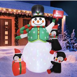 6FT Christmas Inflatable Snowman with Colorful Rotating LED Lights Outdoor Yard Decorations, 3 Penguin Blow Up Merry Christmas Decor