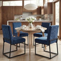 Upholstered Dining Chairs Set of 4, Modern Dining Room Chairs, Linen Kitchen Chair Dinner Chair with Black Metal Base for Kitchen, Blue-Unstriped