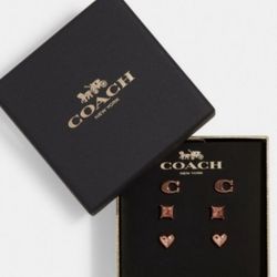 COACH BOXED 3 PAIRS SIGNATURE AND PAVE HEART EARRINGS SET IN ROSE GOLD TONE