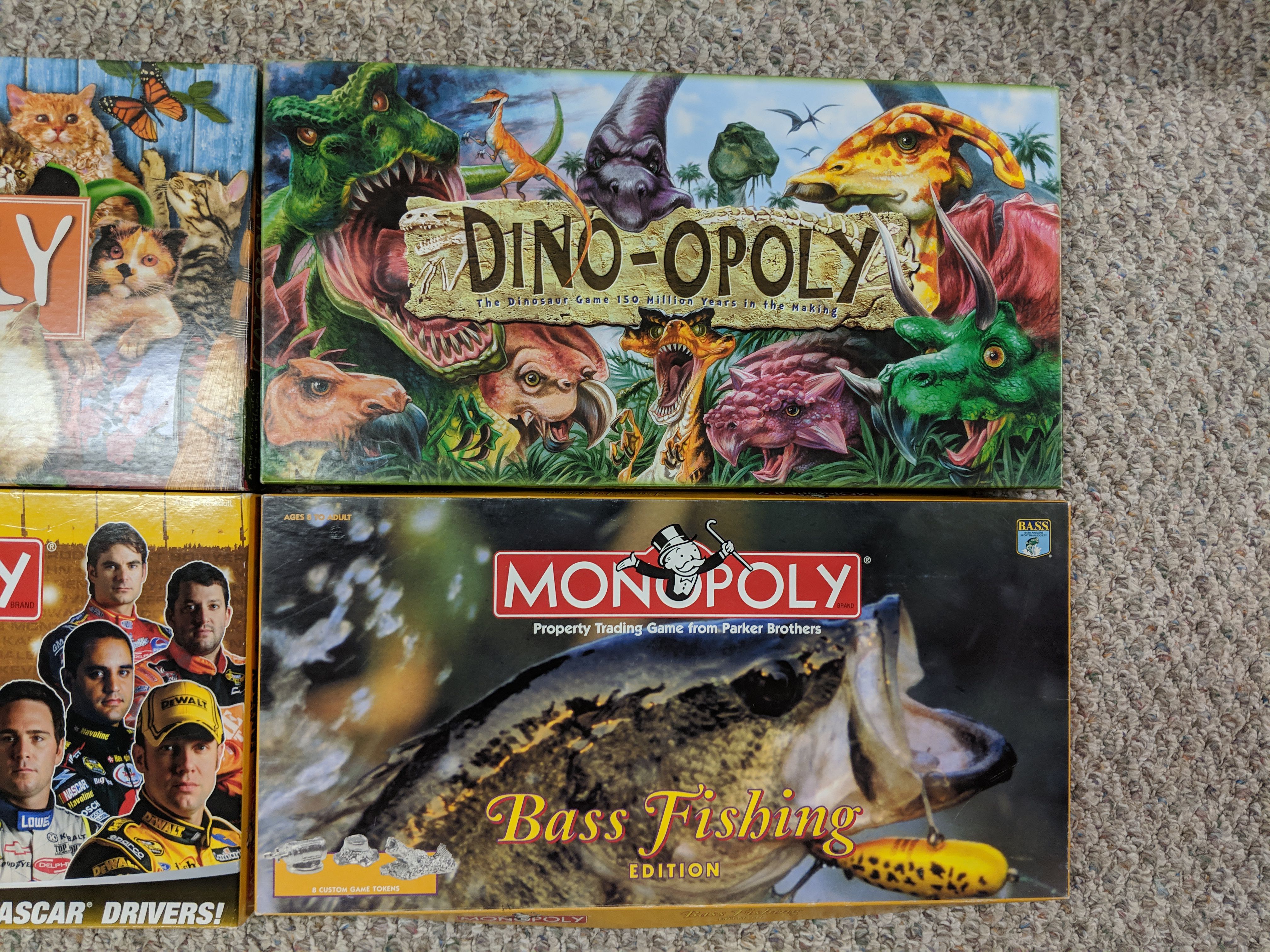 4 Monopoly Game Lot Cat-Opoly, Dino-Oply, Bass Fishing,My Fantasy