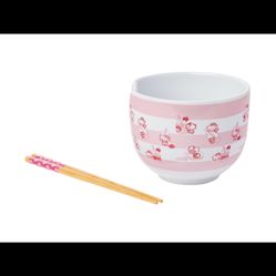 Hello Kitty Ramen Noodle Rice Bowl with Chopsticks. Milk Pattern 20 Oz.