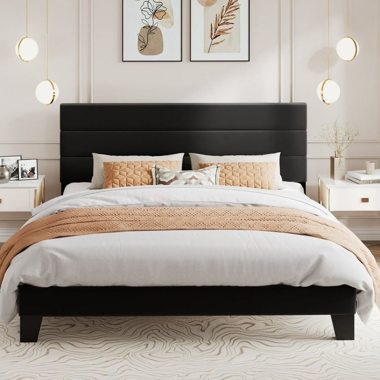 King Bed Frame, Platform Bed Frame with Velvet Upholstered Headboard, Black