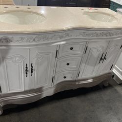 B3032- 58” Victorian White Bathroom Vanity Double Sink Cabinet Dual Bowls